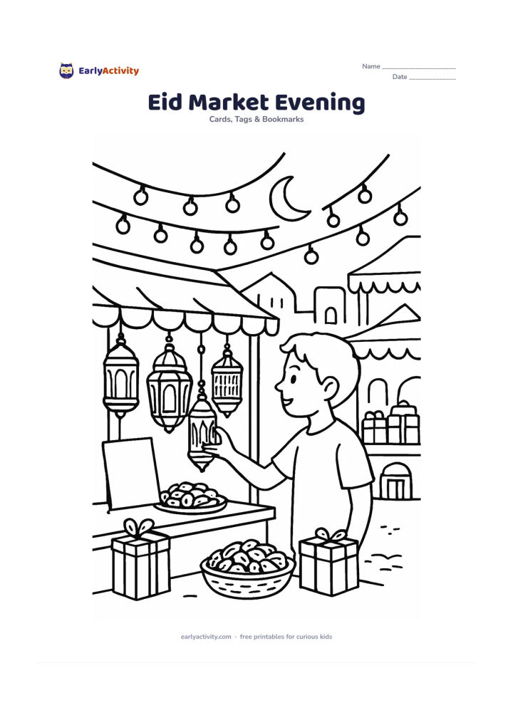 Worksheet: A lively evening market street has a child choosing a lantern from a stall, with hanging lights, fabric canopies, gift boxes, and baskets of dates. Place a crescent moon above and leave…