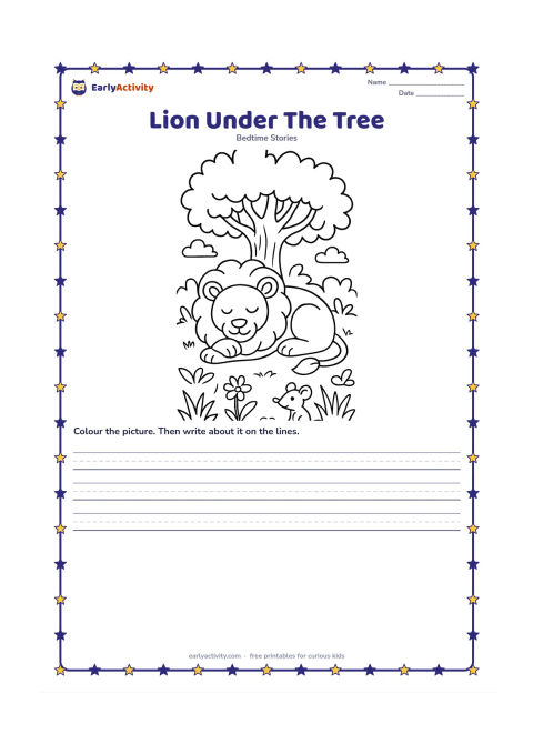 Printable: A large friendly lion sleeps curled beneath a broad shady banyan tree while a tiny mouse peeks from the grass nearby. Show a quiet forest clearing with leaves, roots and a few flowers.
