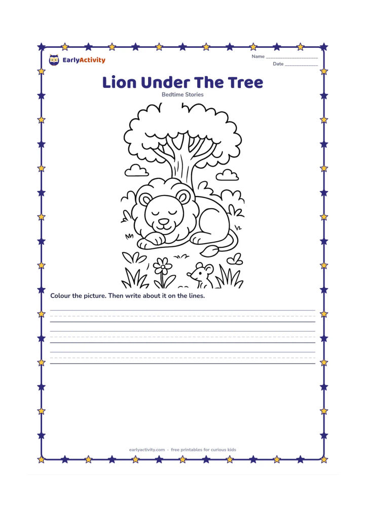Printable: A large friendly lion sleeps curled beneath a broad shady banyan tree while a tiny mouse peeks from the grass nearby. Show a quiet forest clearing with leaves, roots and a few flowers.