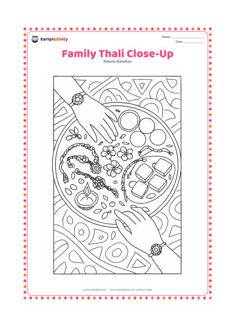 Colouring page: A richly arranged festival thali is shown from above with several rakhis, flower petals, sweets, a small bowl and a diya, while two pairs of hands reach into the scene. Place a patterned…
