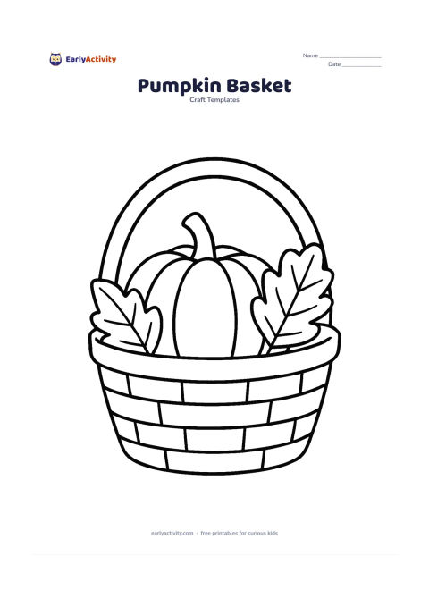 Worksheet: A simple wide basket holds one large pumpkin and two large leaves, with a thick curved handle above. Use clear separated outlines so the basket and pumpkin can be coloured or cut as…
