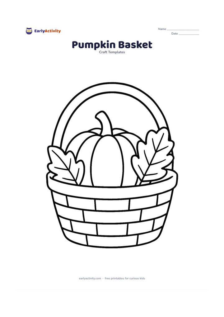 Worksheet: A simple wide basket holds one large pumpkin and two large leaves, with a thick curved handle above. Use clear separated outlines so the basket and pumpkin can be coloured or cut as…