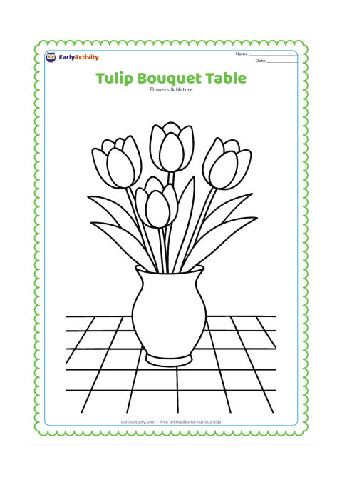 Colouring page: Draw a vase of five tulips on a table, with overlapping cup-shaped flowers, long leaves and a simple checked cloth suggested by broad lines. Show the vase and bouquet in a centered…