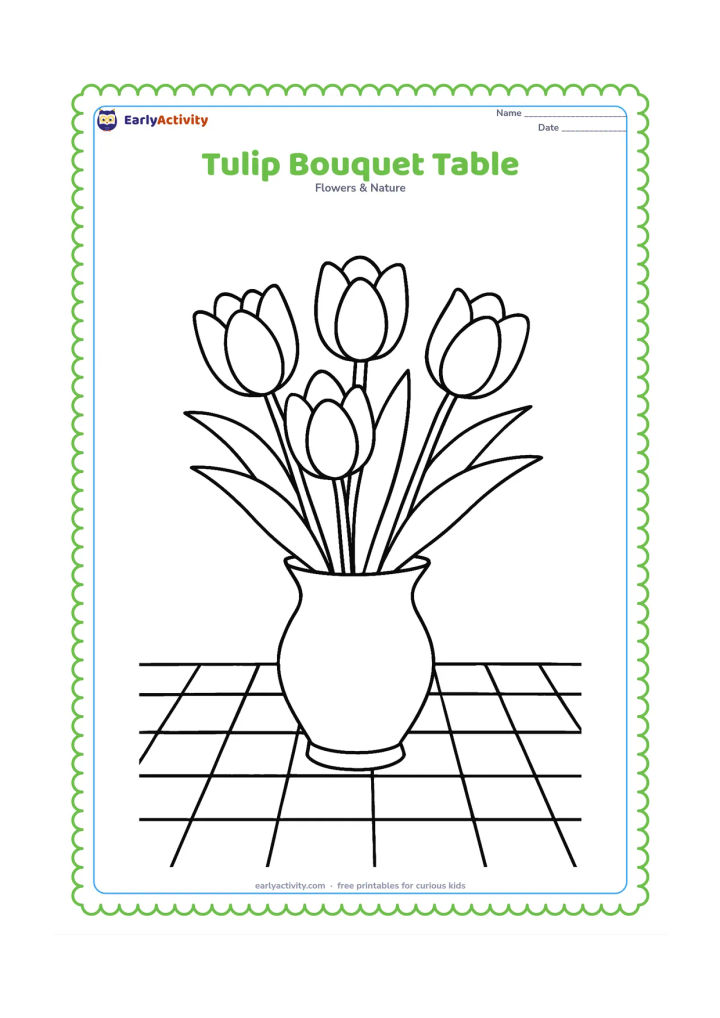 Colouring page: Draw a vase of five tulips on a table, with overlapping cup-shaped flowers, long leaves and a simple checked cloth suggested by broad lines. Show the vase and bouquet in a centered…