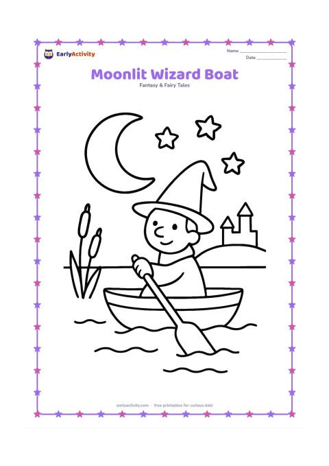 Colouring page: A friendly wizard sits in a small rowboat on a calm lake beneath a large crescent moon. Add three stars, reeds at the water's edge and a simple castle silhouette far away.