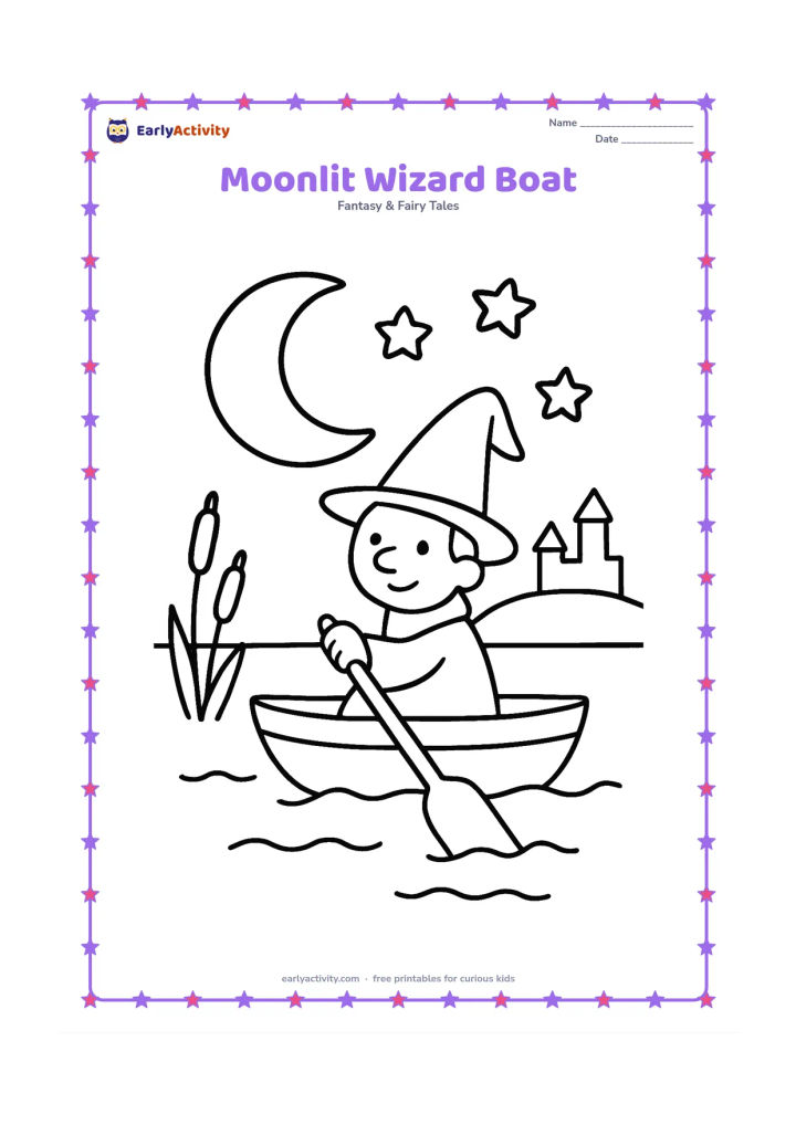 Colouring page: A friendly wizard sits in a small rowboat on a calm lake beneath a large crescent moon. Add three stars, reeds at the water's edge and a simple castle silhouette far away.