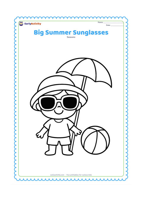 Colouring page: A cheerful child wears oversized sunglasses and a sunhat while standing beside a small beach ball and a simple parasol.