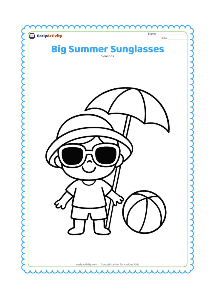 Colouring page: A cheerful child wears oversized sunglasses and a sunhat while standing beside a small beach ball and a simple parasol.