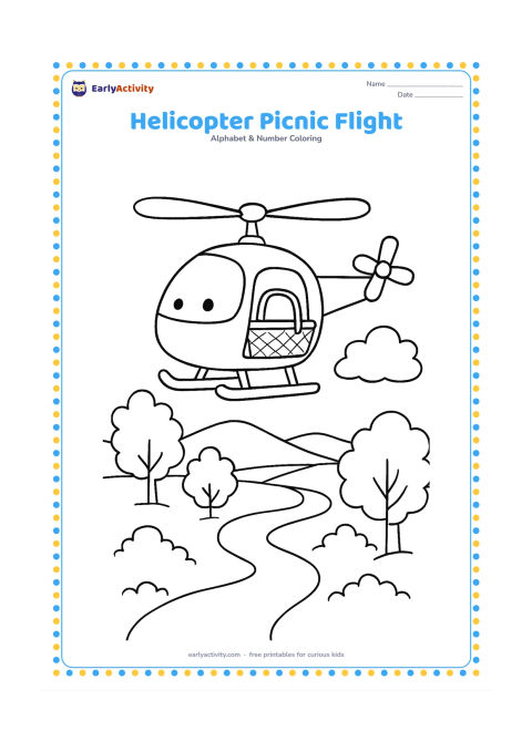 Colouring page: A small helicopter carries a picnic basket in its open side compartment above a countryside scene with trees, a winding river, and distant hills. The helicopter body and basket must have…