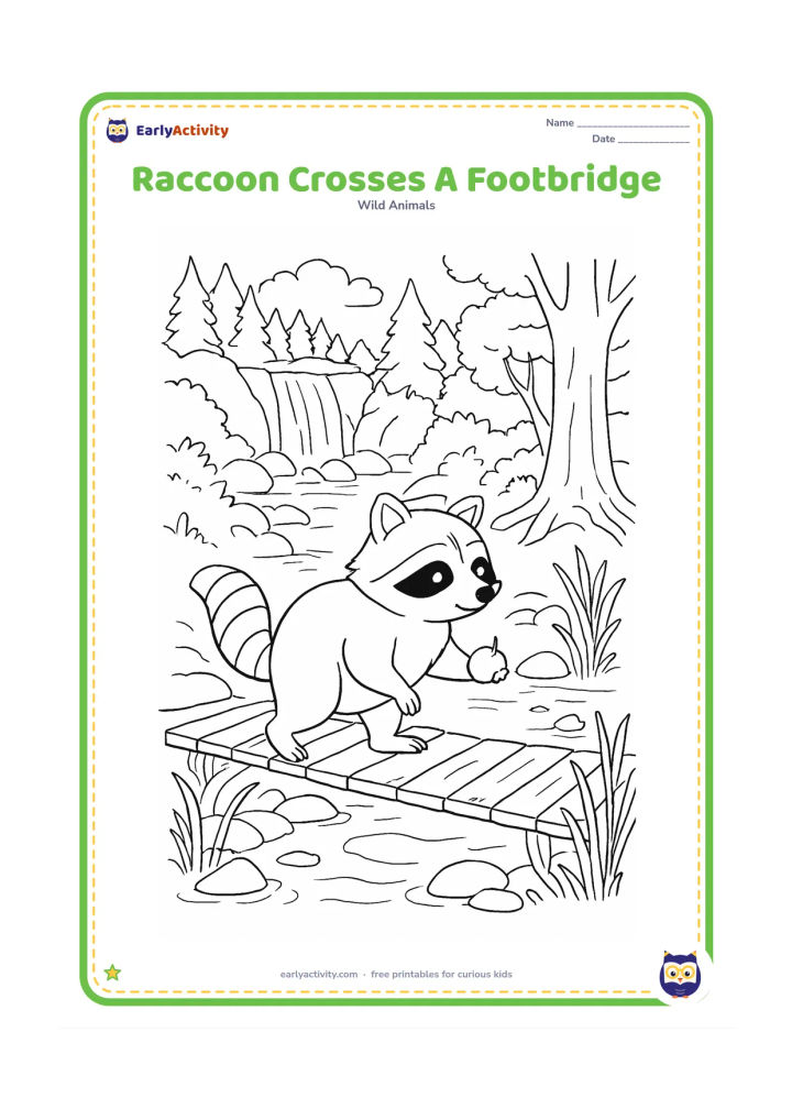 Colouring page: Draw a raccoon walking across a narrow wooden footbridge over a stream, carrying a small fallen fruit in one paw. Include water plants, stones, tree roots, a distant waterfall and…