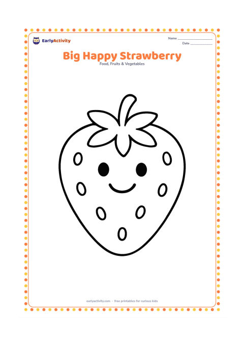 Colouring page: Draw one large strawberry standing upright with a broad leafy calyx, a few large seed dots, and a friendly smiling face made only from simple shapes. Leave generous empty space around it.