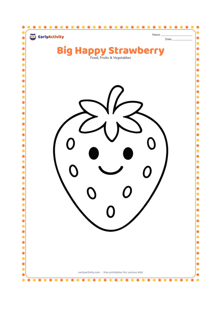 Colouring page: Draw one large strawberry standing upright with a broad leafy calyx, a few large seed dots, and a friendly smiling face made only from simple shapes. Leave generous empty space around it.