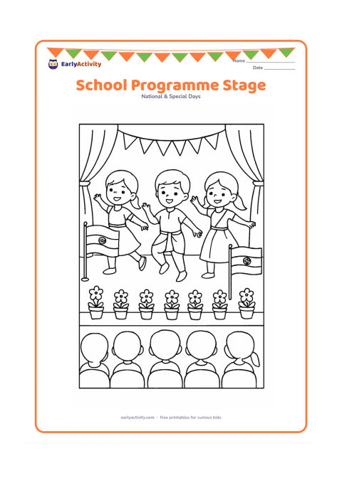 Colouring page: Draw three children performing a simple patriotic group dance on a decorated school stage, with one Indian flag on each side and a row of flower pots along the front. Show curtains,…