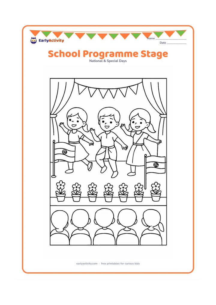 Colouring page: Draw three children performing a simple patriotic group dance on a decorated school stage, with one Indian flag on each side and a row of flower pots along the front. Show curtains,…