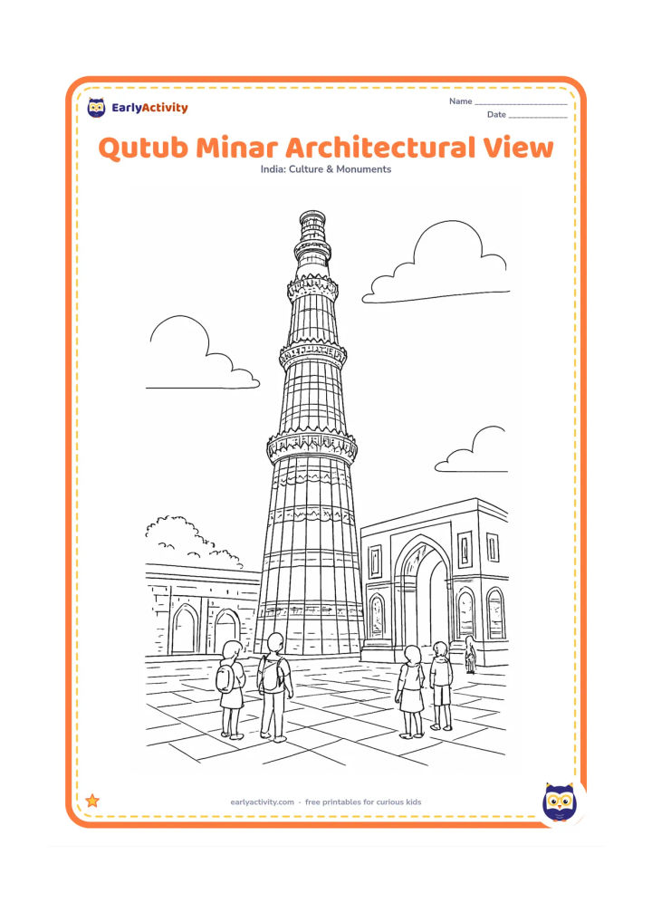 Colouring page: Draw Qutub Minar from a three-quarter angle in the Qutb complex, with its changing circular forms, balcony railings, carved bands, nearby arches, and a paved courtyard. Include several…