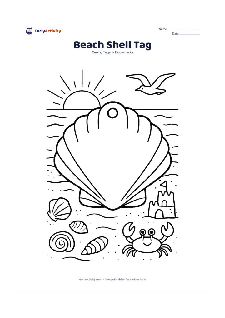 Worksheet: Draw a seashell-shaped gift tag on a beach at sunrise, with a small sandcastle, seashells, gentle waves, a crab and a flying seabird. Place a large blank panel in the centre of the shell…