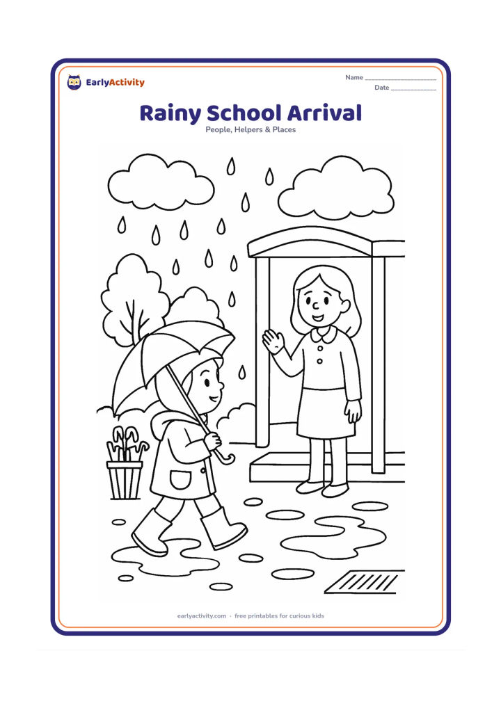 Colouring page: A child in a raincoat and boots walks toward school holding an umbrella, while a teacher welcomes the child under a covered entrance. Add puddles, a drain, wet trees, a rack of umbrellas…