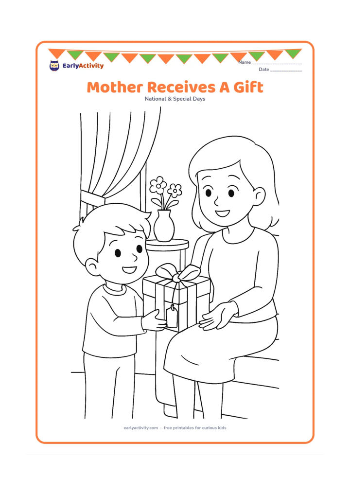 Colouring page: A child gives a wrapped present with a large bow to their mother in a living room. Include a sofa, curtains, a vase of flowers and a blank gift tag with no writing.