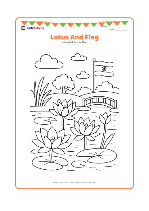 Colouring page: Draw a cluster of lotus flowers in a pond with an Indian flag on the bank. Include lily pads, reeds, a small bridge and distant trees under a partly cloudy sky.