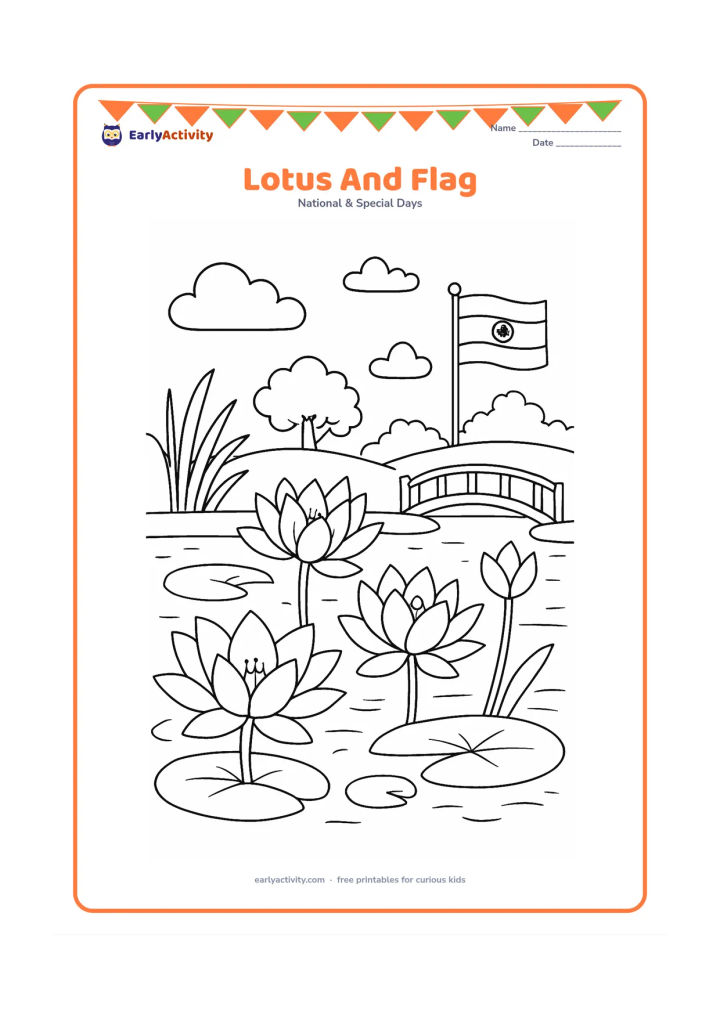 Colouring page: Draw a cluster of lotus flowers in a pond with an Indian flag on the bank. Include lily pads, reeds, a small bridge and distant trees under a partly cloudy sky.