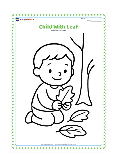 Colouring page: A smiling child kneels on the ground and holds one large fallen leaf in both hands, with two more broad leaves nearby and a simple tree trunk behind.