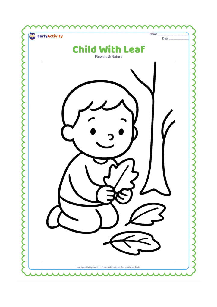 Colouring page: A smiling child kneels on the ground and holds one large fallen leaf in both hands, with two more broad leaves nearby and a simple tree trunk behind.