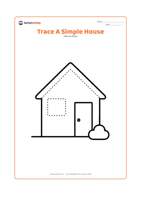 Worksheet: Show one large, friendly house made from a rectangle, triangle roof, square window and tall door, with pale dotted outlines for tracing. Place it on a simple ground line with one round…