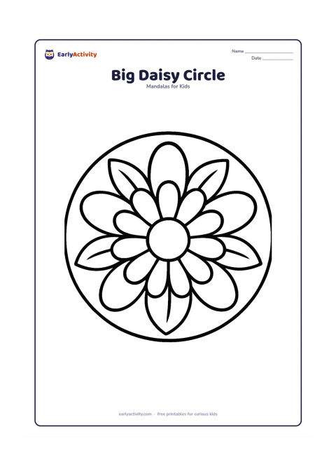 Colouring page: A large circular mandala with one open daisy at the centre and a single ring of broad, evenly spaced petals around it. Add a few large leaves between the petals and plenty of open spaces.