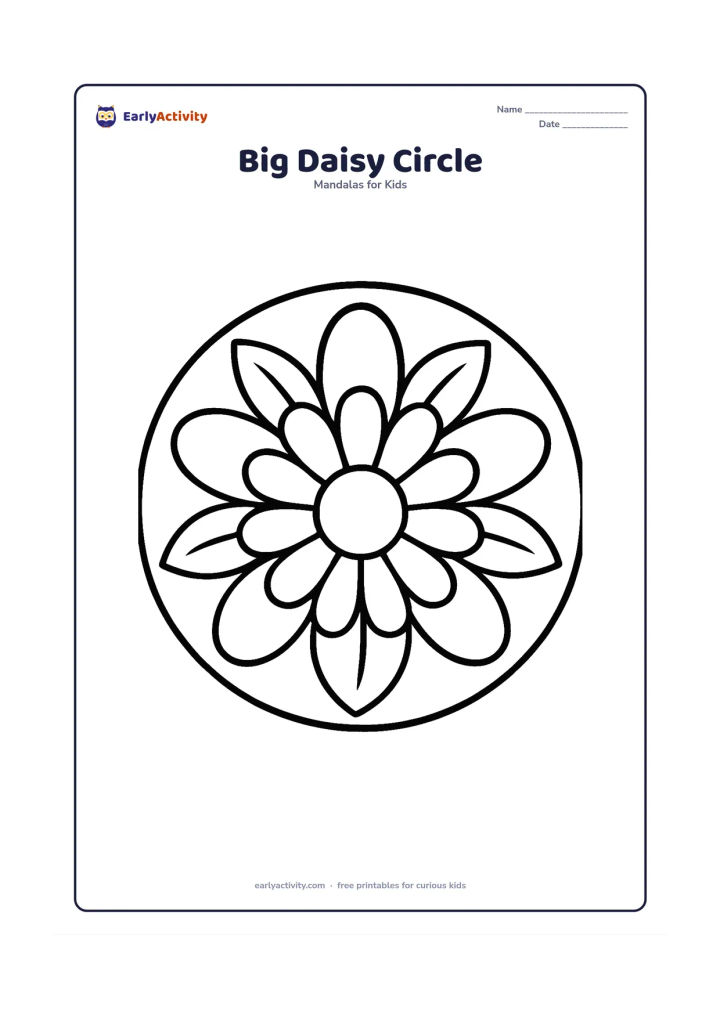 Colouring page: A large circular mandala with one open daisy at the centre and a single ring of broad, evenly spaced petals around it. Add a few large leaves between the petals and plenty of open spaces.