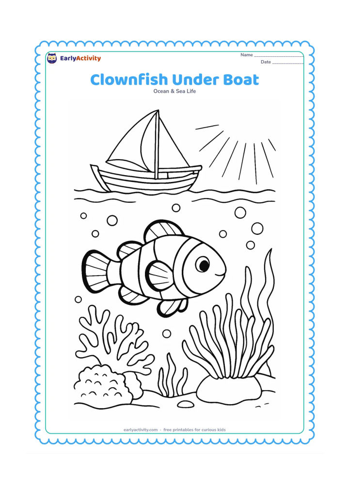 Colouring page: Show a clownfish swimming below a simple traditional Indian fishing boat seen from underwater, with an anemone, coral, seaweed, bubbles, and sunbeams filtering down. Keep the boat safely…