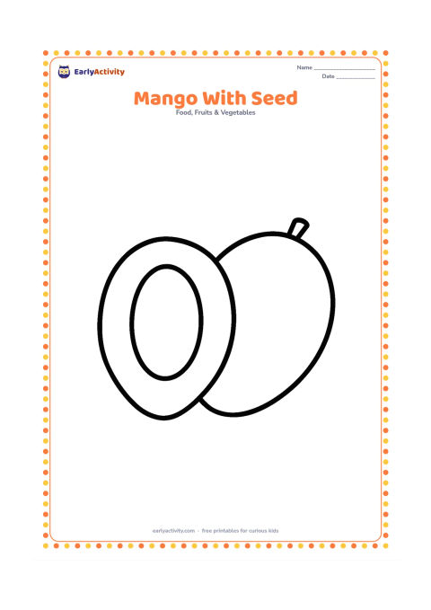 Colouring page: Show a whole mango cut in half, with the large flat seed clearly visible inside one half and the other half beside it.