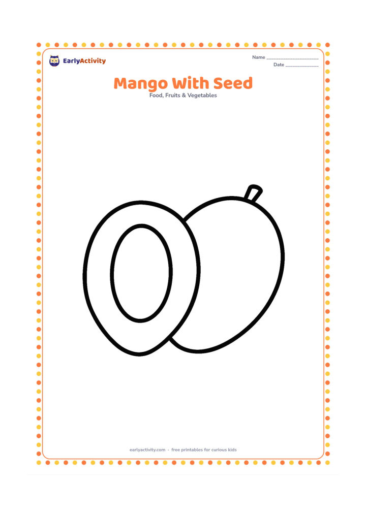 Colouring page: Show a whole mango cut in half, with the large flat seed clearly visible inside one half and the other half beside it.