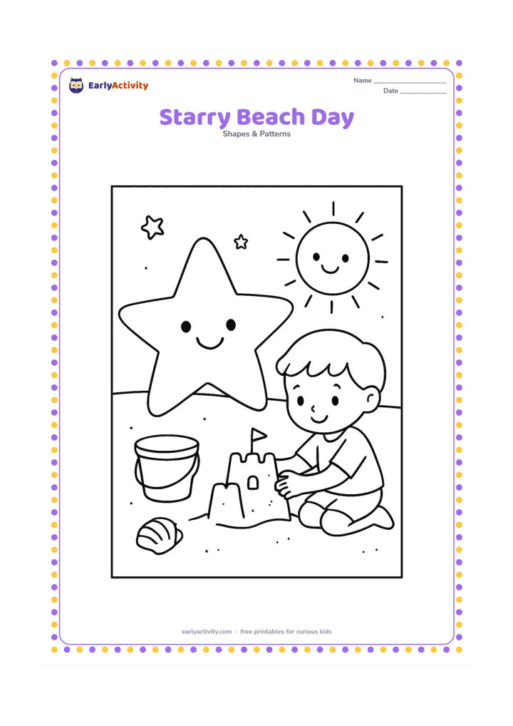Colouring page: A large five-point star rests on a sandy beach beside a simple bucket and shell, while a child builds a small sandcastle under a sun and a few dot stars.