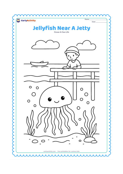 Colouring page: Draw a jellyfish below a simple seaside jetty with a person safely observing from above, not touching the water. Include pilings, a distant rowboat, seaweed, bubbles and a sandy seabed.