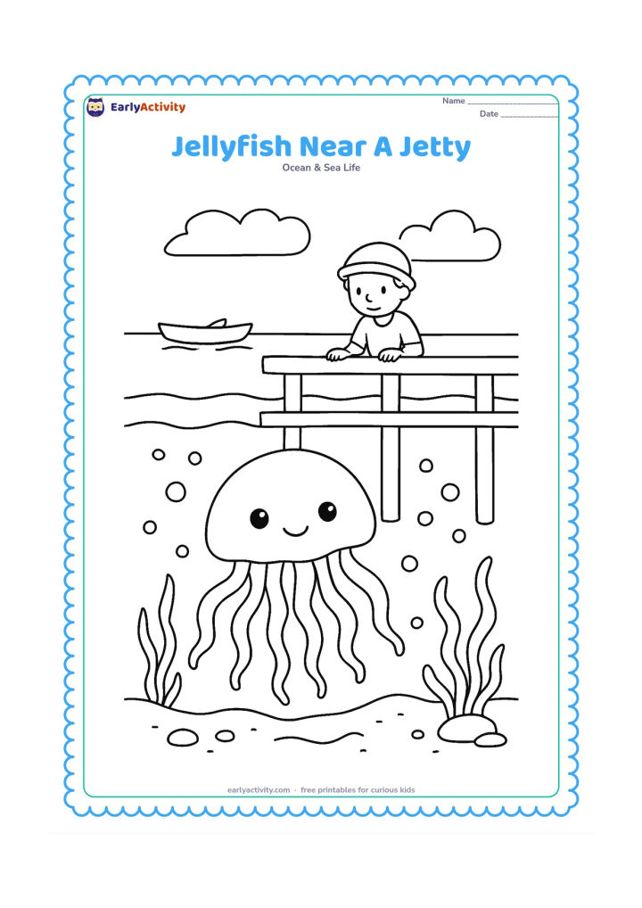 Colouring page: Draw a jellyfish below a simple seaside jetty with a person safely observing from above, not touching the water. Include pilings, a distant rowboat, seaweed, bubbles and a sandy seabed.