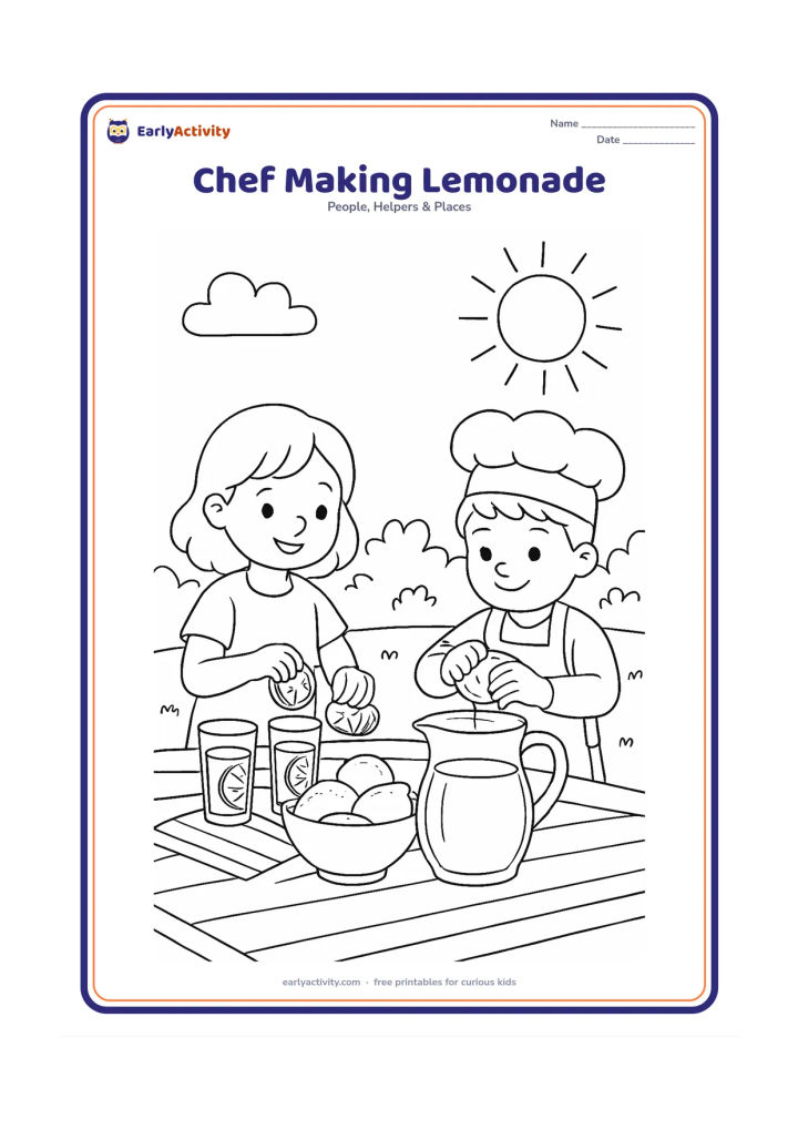 Colouring page: A child chef squeezes a lemon over a jug while another child places lemon slices into glasses. Show a pitcher, bowl of lemons, striped napkins, and an outdoor table in a sunny garden.
