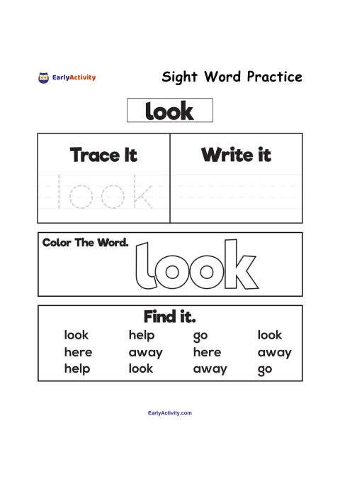 Sight word worksheet for “look” with tracing, writing, colouring and word-finding activities.