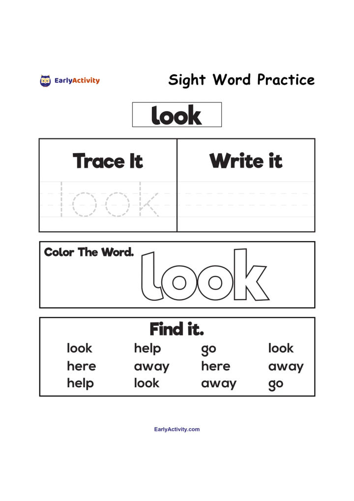 Sight word worksheet for “look” with tracing, writing, colouring and word-finding activities.