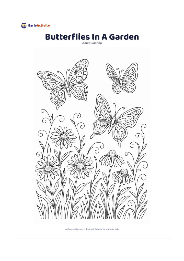 Colouring page: Draw three different butterflies flying at varied heights above a garden of daisies, coneflowers, grasses, and curling stems. Give each butterfly a distinct wing shape and a different…