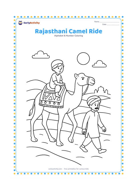 Colouring page: Draw a camel carrying a seated child on a decorated saddle as it walks across a Rajasthan desert, with a turbaned adult walking nearby, sand dunes, a distant fort silhouette and a low…