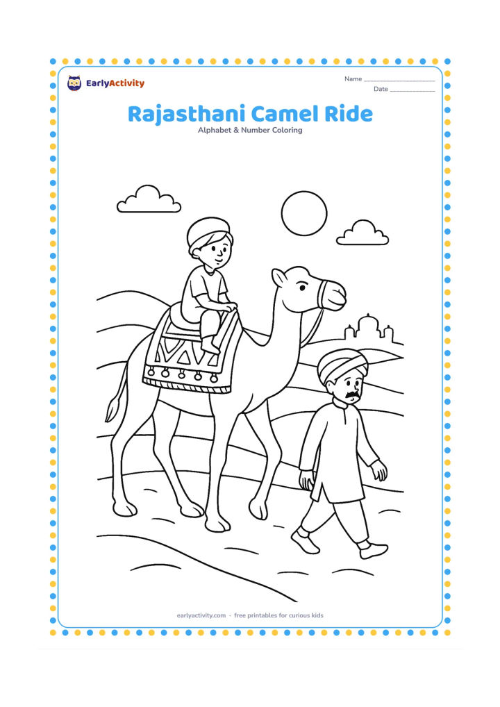 Colouring page: Draw a camel carrying a seated child on a decorated saddle as it walks across a Rajasthan desert, with a turbaned adult walking nearby, sand dunes, a distant fort silhouette and a low…