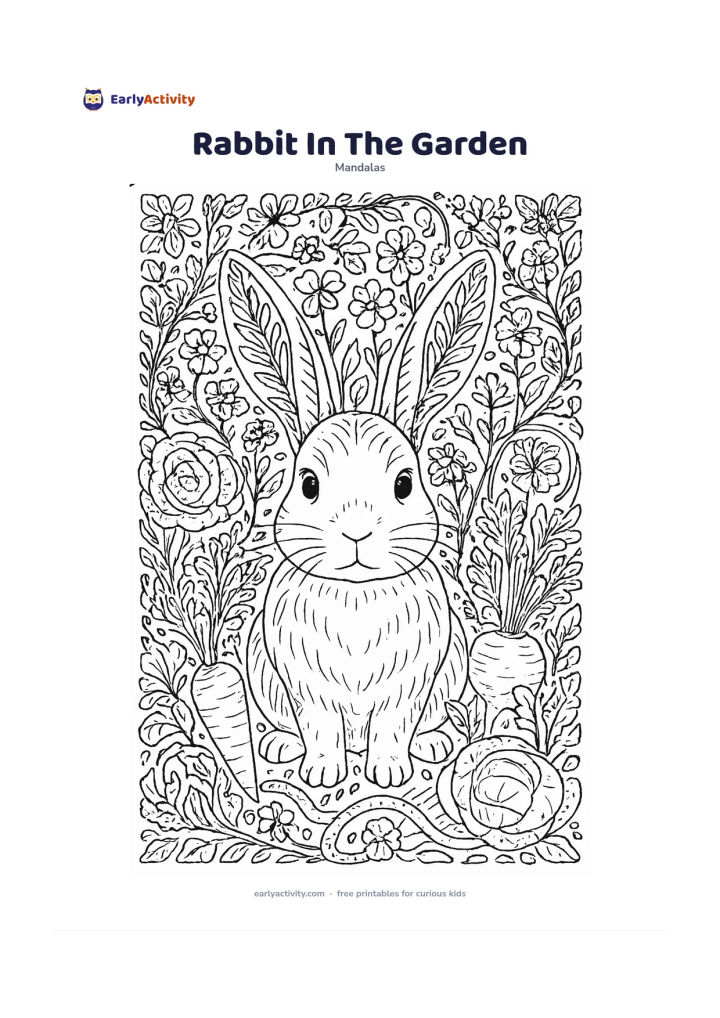 Colouring page: Show a rabbit sitting among garden vegetables and flowers, with its long ears forming part of the central symmetry. Surround it with repeating carrot leaves, clover, cabbage curves,…
