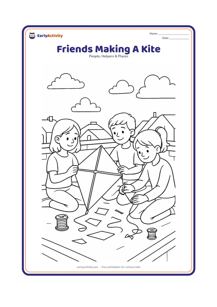 Colouring page: Three children sit on a rooftop terrace assembling a colourful diamond-shaped kite, with one holding the frame and another tying the tail. Include spools of thread, paper scraps, a low…