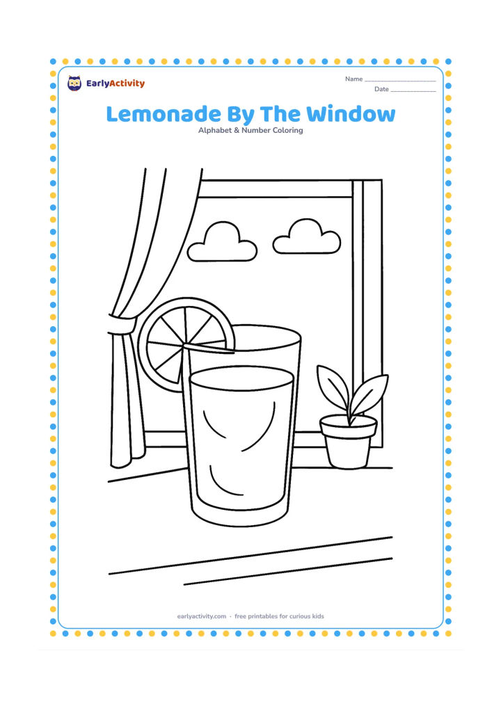 Colouring page: Draw a glass of lemonade with a lemon slice on its rim on a table beside an open window. Show a curtain, two simple clouds and a small potted plant outside.