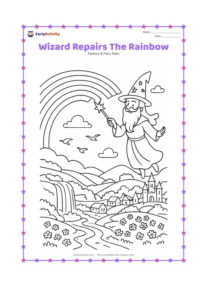 Colouring page: A wizard floats beside a broken rainbow and gently reconnects its wide coloured arcs with a wand. Below, show a valley with a waterfall, village rooftops, flowering fields, a castle and…