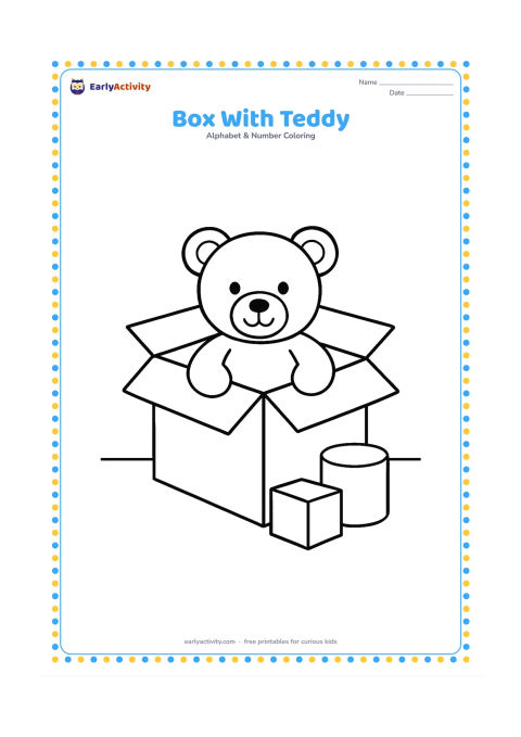 Colouring page: Draw an open cardboard box with a soft teddy bear peeking out, plus a simple floor line and two large packing shapes nearby.