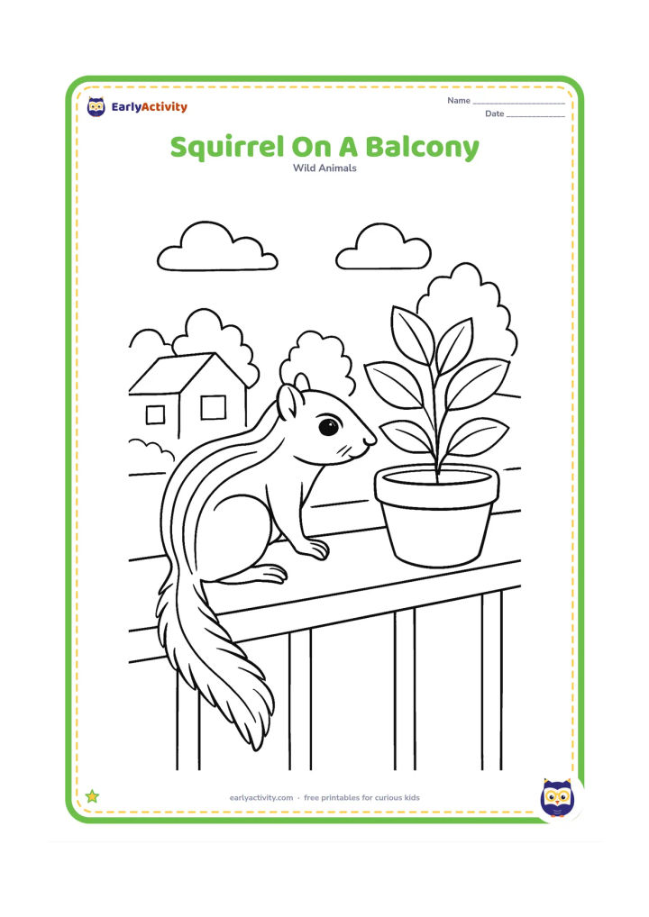 Colouring page: Draw an Indian palm squirrel perched on a balcony railing near a potted plant, with its pale back stripes and tail visible. Show a few simple rooftops and trees beyond.