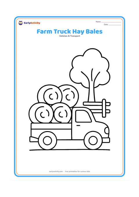 Colouring page: A farm truck carries three large hay bales past a fence and one friendly-looking tree. Show the load securely in the open truck bed from a side view.