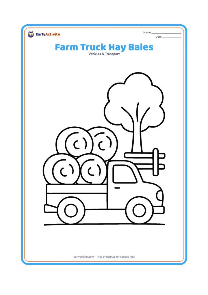 Colouring page: A farm truck carries three large hay bales past a fence and one friendly-looking tree. Show the load securely in the open truck bed from a side view.