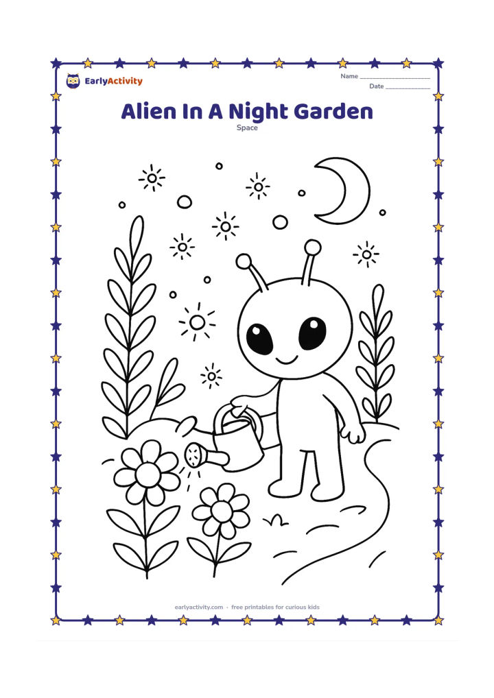 Colouring page: Draw a friendly alien tending glowing flowers in a nighttime garden on a dark planet, carrying a watering can. Include tall plants, firefly-like space lights, a crescent moon, and a…